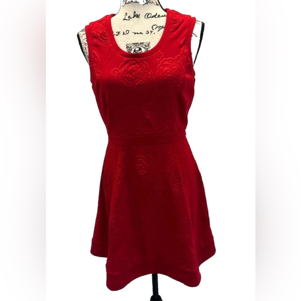 L'Amour Red Floral Textured Sleeveless Dress